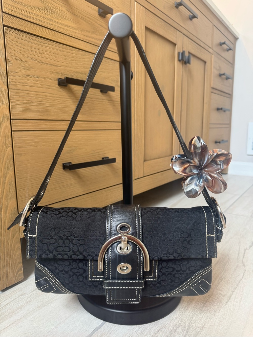 Coach Black Signature Jacquard Shoulder Bag with Floral Accent